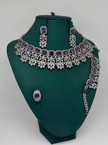 Middle East Dubai Luxury Pearlescent Heavy Work White Zirconia 4-Piece Jewelry Set, Pakistan Saudi Arabia Bridal Party Jewelry Set, Wedding Accessories Gift - Purple - View 3