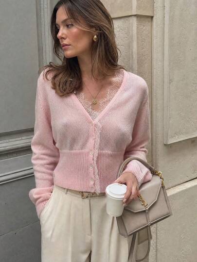 Women's V-Neck Lace Trim Knitted Cardigan Sweater, Slim Fit Waist-Cinching Top