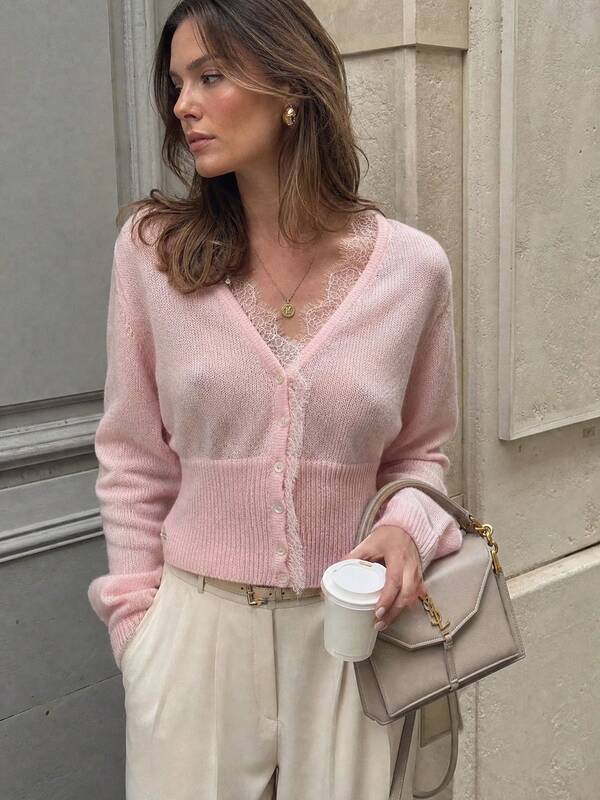 Women's V-Neck Lace Trim Knitted Cardigan Sweater, Slim Fit Waist-Cinching Top