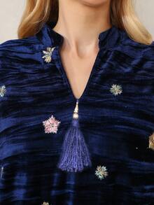 Heavy Beaded Embroidered Arabic Women's 2026 Winter Blue Elegant Dress, JALABIYA Long Sleeve Notch V-Neck, Winter Casual Party Outfit - Royal Blue - View 8
