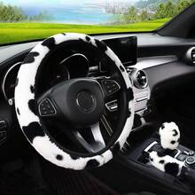 Fashionable Cow Print Plush Elastic Steering Wheel Cover, No Inner Ring, Autumn/Winter Fuzzy Steering Wheel Cover - Multicolor - View 8