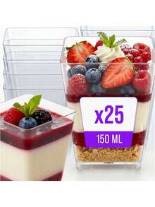 150 Ml Dessert Cups Set Of 25, Clear Square PS Dessert Bowls With Pyramid Design For Mousse Pudding Tiramisu Ice Cream Fruit Salad And Layered Desserts, Reusable Dishwasher Food Containers For Parties Catering And Home Use - View 1