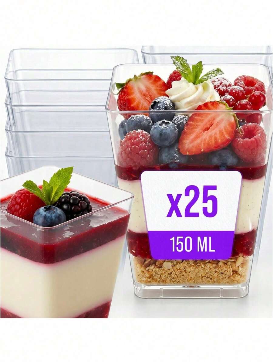 150 Ml Dessert Cups Set Of 25, Clear Square PS Dessert Bowls With Pyramid Design For Mousse Pudding Tiramisu Ice Cream Fruit Salad And Layered Desserts, Reusable Dishwasher Food Containers For Parties Catering And Home Use - View 1