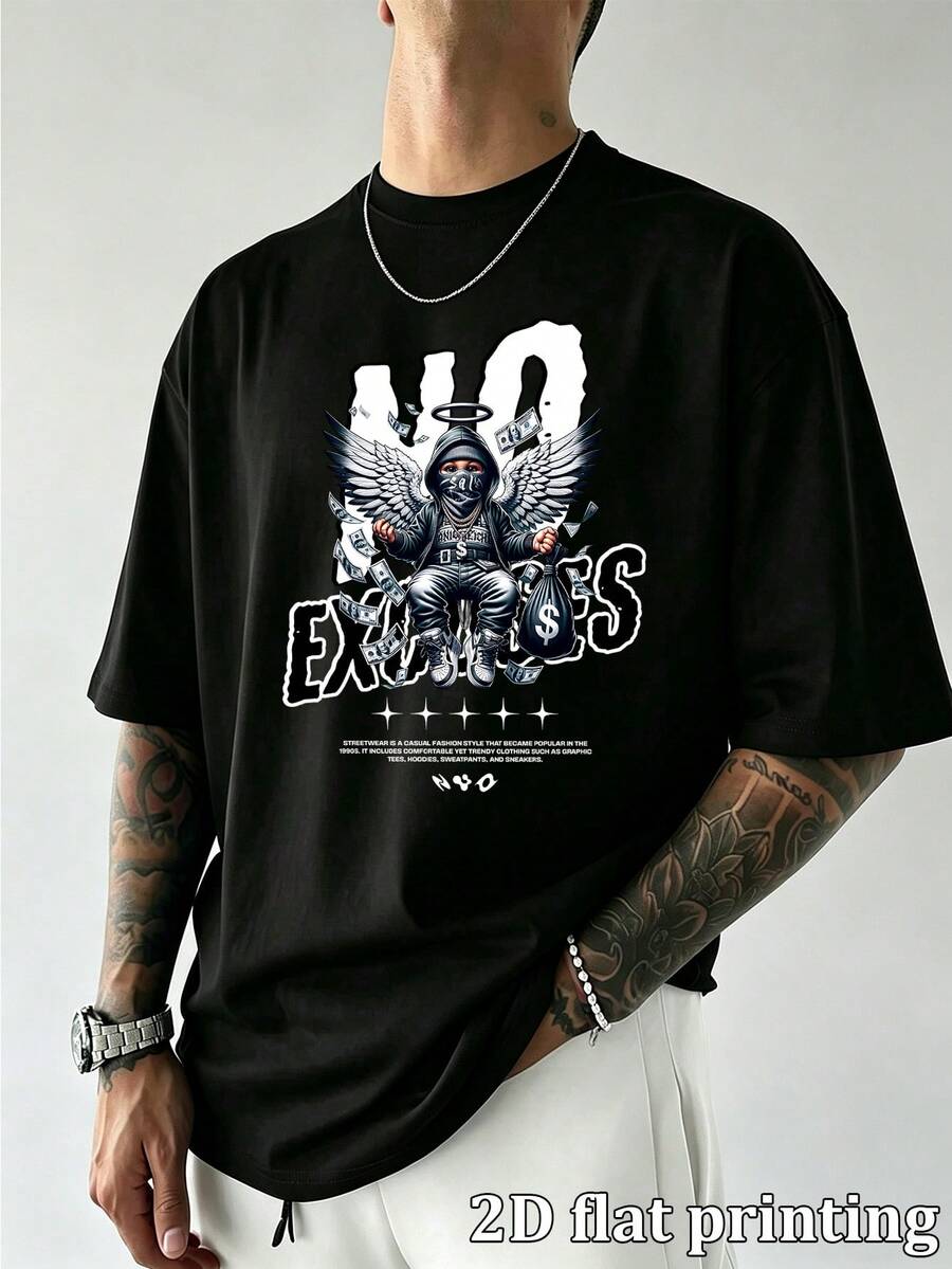Men's Street Style Hip Hop Edgy Masked Angel Graphic Oversized Short Sleeve T-Shirt, Casual Loose Drop Shoulder Crew Neck Tees, Comfy Breathable Summe - Black - View 1