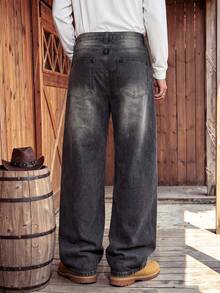Men's Vintage Grey Gradient Cat Whisker Wide Leg Jeans, Black-Grey Gradient Distressed Washed Double Layer Horizontal Panel Stitching, Casual Versatile Denim Pants - Grey - View 5