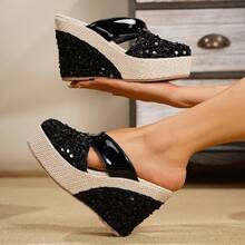 Bohemian Hollow Out Vacation Black Suede Wedge Heel Thick Sole Closed Toe Single Strap High Heel Shoes For All Seasons - Black - View 12