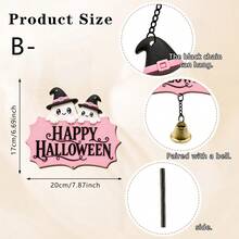 Cute Pink Halloween Wooden Door Hanger, Witch Hat Ghost Welcome Sign, Star Decor With Chain And Bell, Front Door Holiday Decoration - Multicolor - View 13