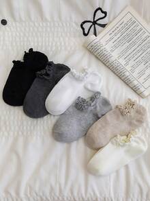 5 Pairs Women's Boat Socks, Fashionable White & Black Ruffle Trim Socks, All-Season Popular Short Socks, Soft Breathable Non-Constricting Back-To-School Essential Student Socks, Autumn Outdoor White Socks, Versatile For Travel (Random Color) - Multicolor - View 4