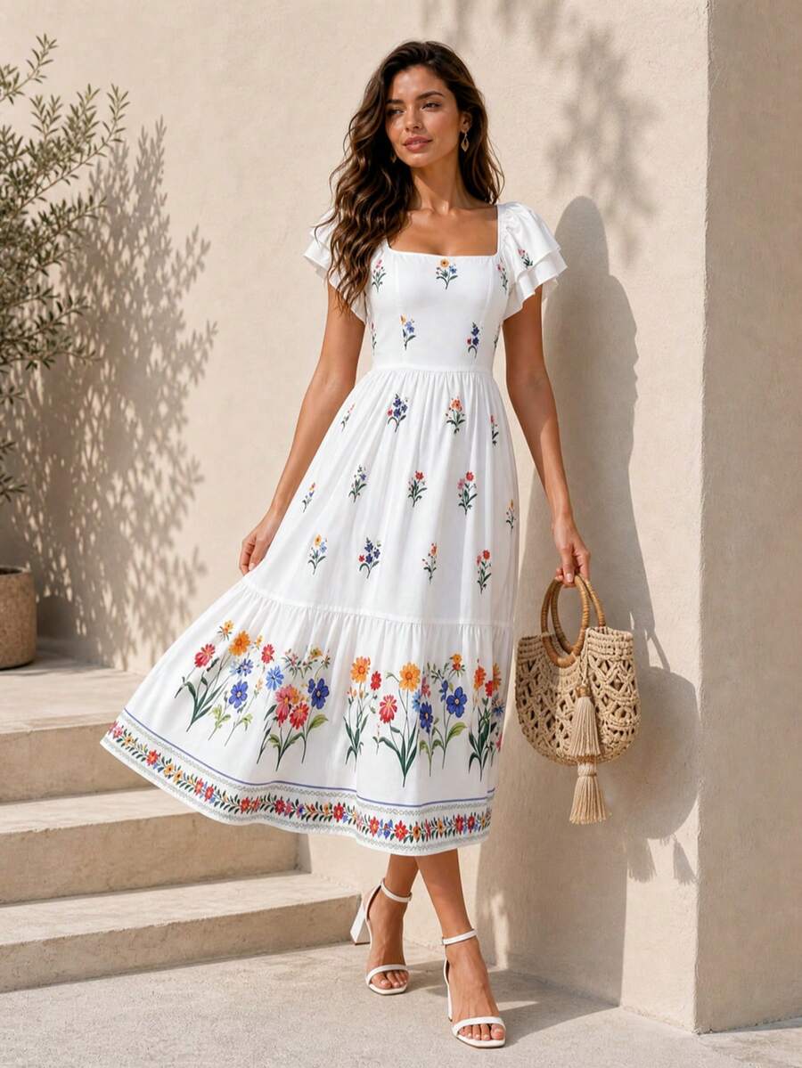 White French Elegant Floral Print Square Neck Ruffle Sleeve Tiered Midi Dress, Modest High Waist A Line Vacation Beach Summer Long Dress For Women - White - View 1