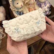 1pc Pink Plaid Lace Storage Bag, Compact Multi-Functional Organizer Bag With Flap. Perfect For Storing Coins, Cards, Notes, Pens And Small Items. Soft Fabric With Exquisite Lace Trim, Ideal For School, Office Organization, Travel - Multicolor - View 10
