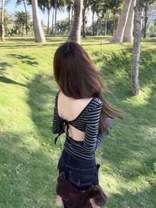 Women's Striped Round Neck Long Sleeve Knit Backless Top, Regular Fit Black Summer - Black - View 2