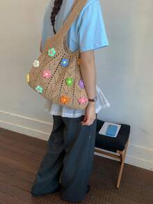 女款單肩包 慵懶包 鏤空圖案鉤編織布料 彩色3D花朵裝飾 大容量 波希米亞風 夏季海灘 日常旅行 - 卡其色 - 查看 4