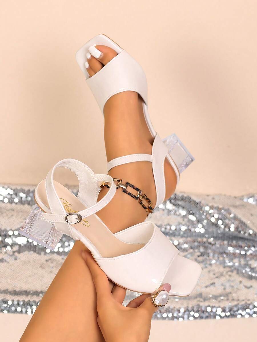 Fresh Backstrap Chunky Heel Sandals, Cream White Square Toe Open Toe Transparent Chunky Heel, Adjustable Buckle, Versatile Comfortable Women's Sandals For Daily Wear And Outings - White - View 1