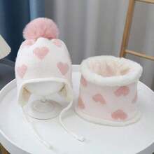 Children's Hat And Scarf 2pcs Set, Autumn/Winter Heart-Shaped Earflap Hat, Baby Girl Thermal Lined Warm Knitted Set - Heart Ear Protection Hat - View 8