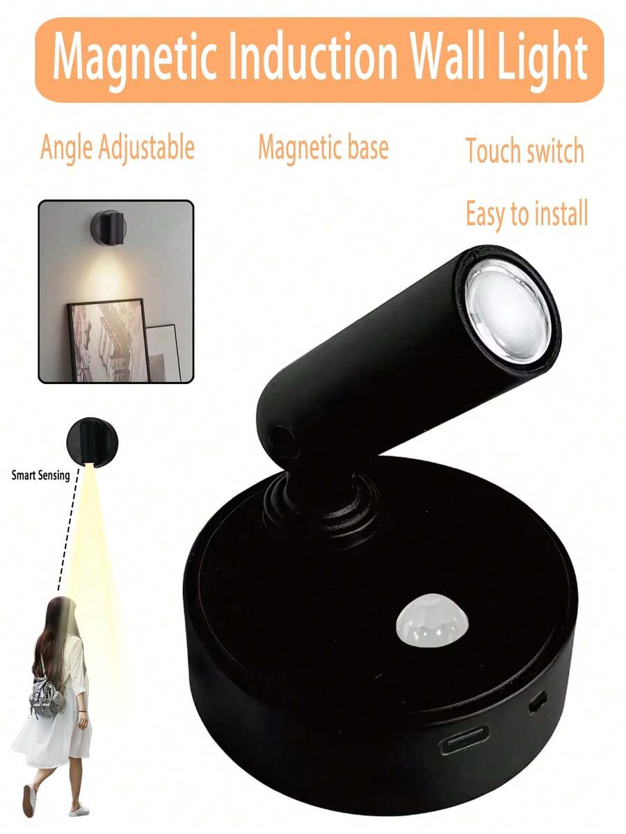 1pc Black Wall Lamp Magnetic Sensor LED Spotlight Switch Dimmable Bedside Light 3 Color Temperature Lighting Fixture Suitable For Living Room, Kitchen, Hallway And Bedroom