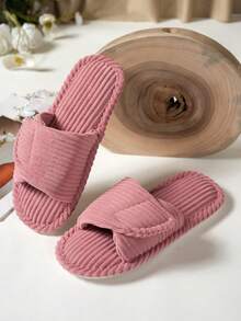 Women's Strap Flat Hook And Loop Non-Slip Wear-Resistant Solid Color Open Toe Low Heel Fuzzy Slippers Home Comfortable Large Rabbit Fur Faux Fur - Magenta - View 4