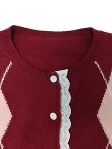 Atasan Rajut Patchwork Renda Kancing Tunggal Jacquard Argyle Ukuran Plus - Merah - View 8
