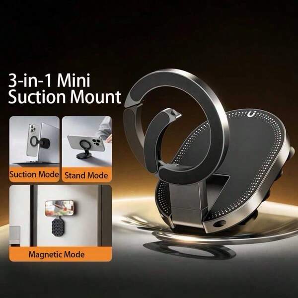 1pc Car Phone Holder Black Round Silicone Suction Cup Magnetic Phone Mount Universal Small Suction Cup Foldable Phone Stand