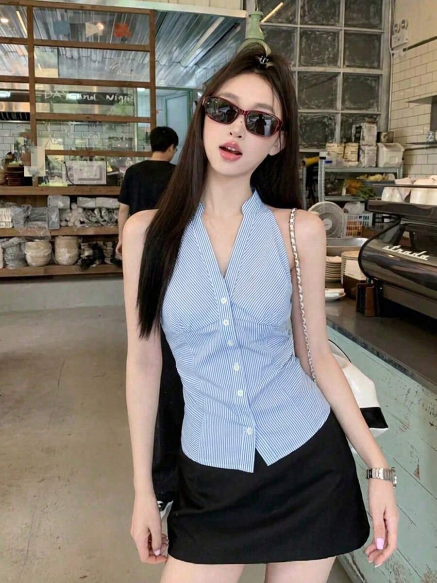 法式風格收腰條紋無袖女款夏季修身短版掛脖上衣 - 淺藍色 - 查看 1