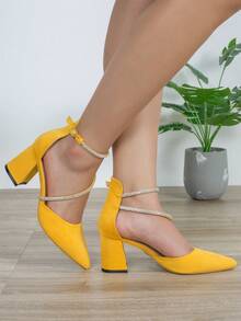Pointed Toe Chunky High Heels With Rhinestone Strap Decor, Elegant And Sophisticated Style Suitable For Banquet And Party Wear, Fashionable Versatile Hollow Women's Shoes. Black High Heels Red High Heels. - Yellow - View 5