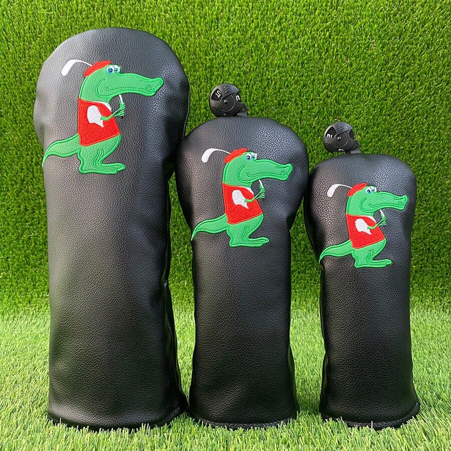 Golf Club Head Cover, Fashionable Golf Club Protector, Cartoon Crocodile Embroidery Pattern PU Material To Provide The Best Protection For Your Golf Clubs. - Black - View 1