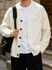 Men's Simple Solid Color Knit Cardigan With Button Design - Lazy Style Sweater Jacket - White - View 1
