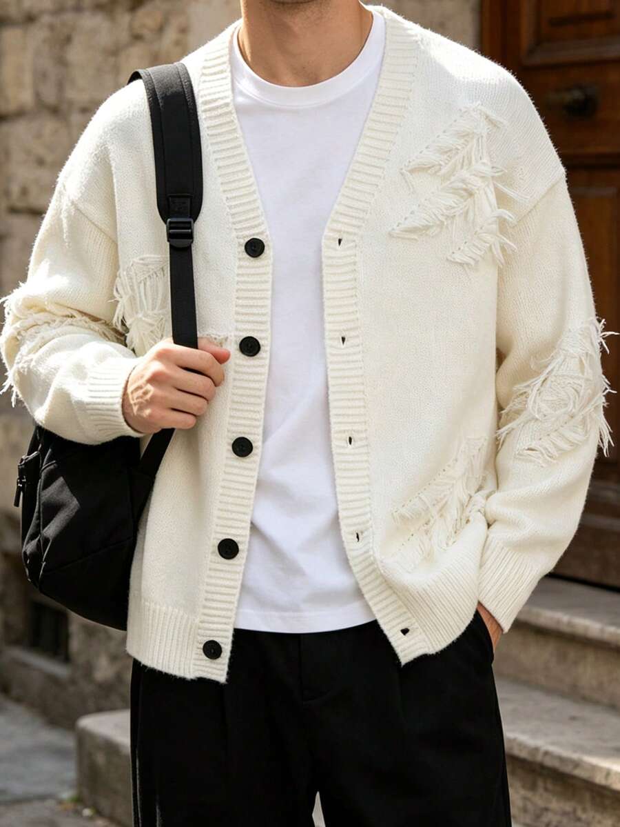 Men's Simple Solid Color Knit Cardigan With Button Design - Lazy Style Sweater Jacket - White - View 1