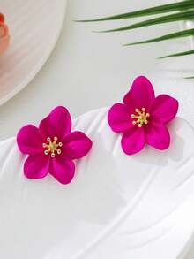 1 Pair Summer Beach Vacation Dopamine 3D Flower Retro Rose Red Enamel Stud Earrings For Women - Hot Pink - View 3