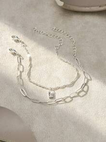 Pulsera delgada apilable de doble capa con colgante rectangular geométrico, accesorio de mano de estilo minimalista para el diario - Plateado - Ver 3