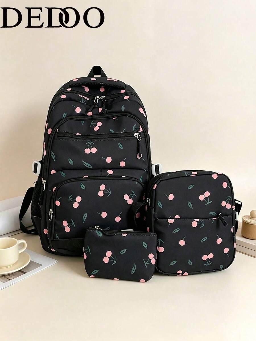 Dedoo 3件組背包套裝，草莓蝴蝶結櫻桃滿版印花，編織吊飾，大容量多口袋可折疊包，適合大學生日常、上學、旅行