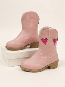 Children Heart Hollow Western Ankle Boots Back Zipper Chunky Heel Sweet Girl Fashion Boots - Pink - View 2