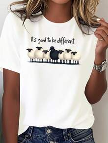Casual Short Sleeve Top For Women, Cute Black Sheep Pattern With Inspirational Slogan, Versatile Wear Suitable For Spring Summer Autumn,Local Shipping - 白色 - 查看 1
