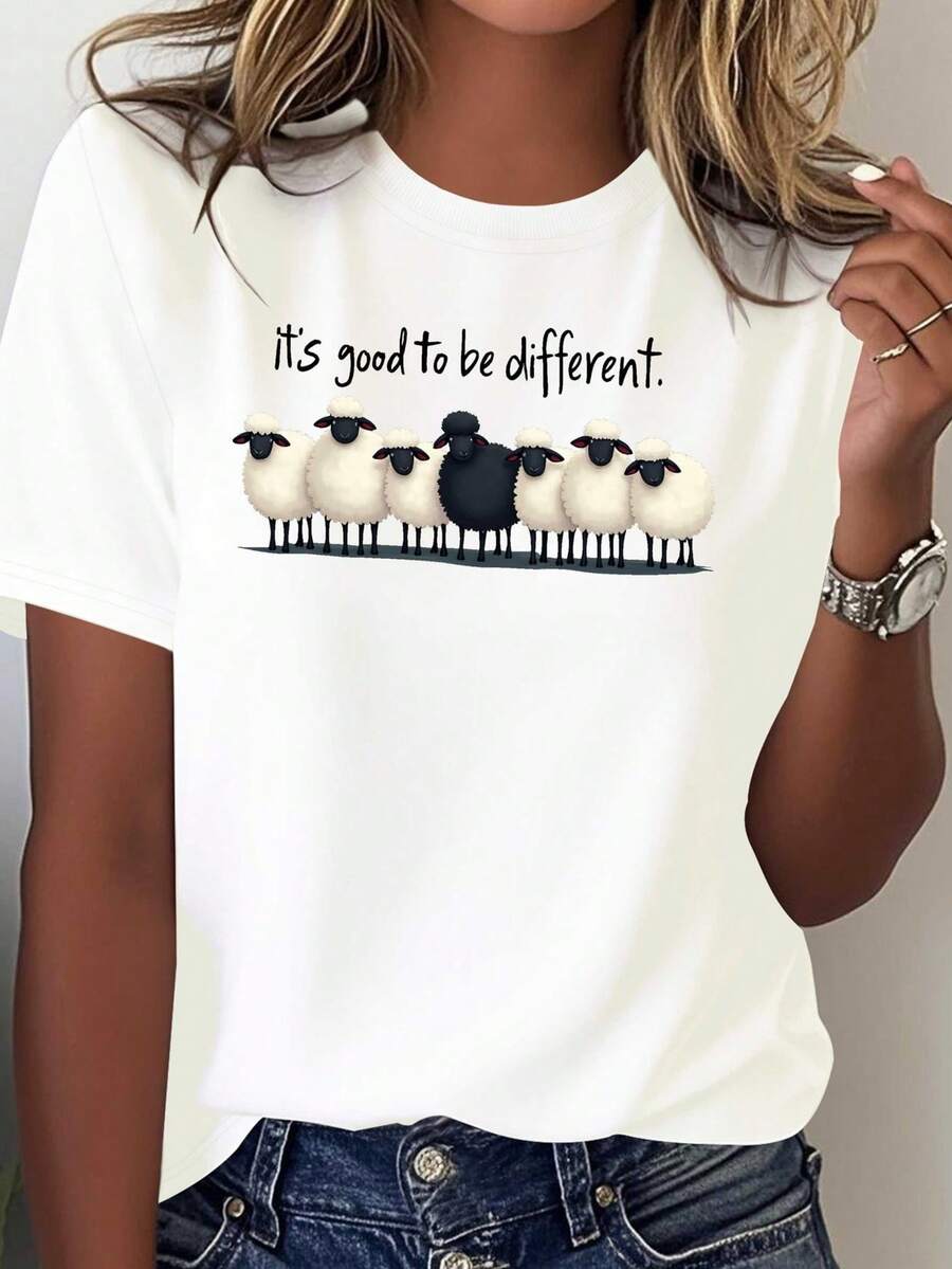 Casual Short Sleeve Top For Women, Cute Black Sheep Pattern With Inspirational Slogan, Versatile Wear Suitable For Spring Summer Autumn,Local Shipping - 白色 - 查看 1