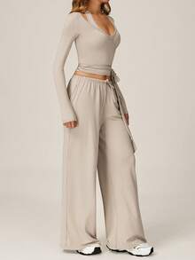 TimeOff Women's One Set Solid Color Cross Wrap Tie Waist Long Sleeve Cover Up With Elastic Drawstring Side Pockets Wide Leg Pants - Apricot - View 7