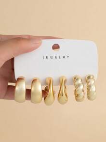 6/18pcs Luxury Metal Gold Women's Earring Set. C-Shaped Hoop Earring Set, Vintage Textured Water Drop Earrings, Versatile Commuter Jewelry/European And American Heavy-Duty Thick Gold Earring Set, Twisted Vertical Water Drop C-Hoop Combination, Niche High-End Earring Collection - Gold - View 4