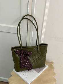 Women's Tote Shoulder Bag, Solid Color Polka Dot Bow Ribbon Decor, Large Capacity, Minimalist Elegant Style, Daily Commute Shopping Handbag - Green - View 9