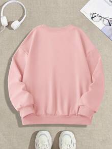 Cute Girl Pink Crew Neck Sweatshirt, Pickle Jesus Cross Graphic Print Casual Aesthetic Top - Pink - View 3