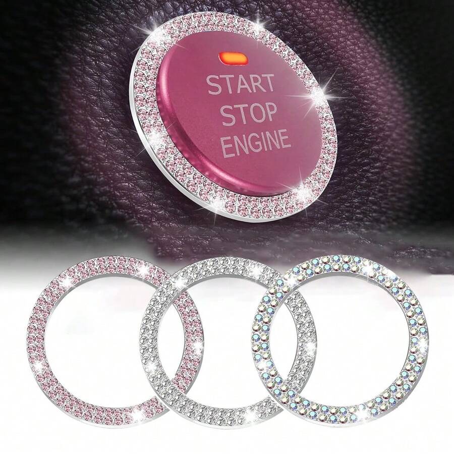 1 pieza anillo decorativo de arranque del motor del coche con doble hilera de diamantes de imitación, con diseño de doble cristal, accesorio brillante para el interior del coche, anillo decorativo brillante para el botón de arranque del motor del coche con diamantes, cubierta para el botón de arranque de un solo toque con diamantes de imitación de cristal - A - Ver 1