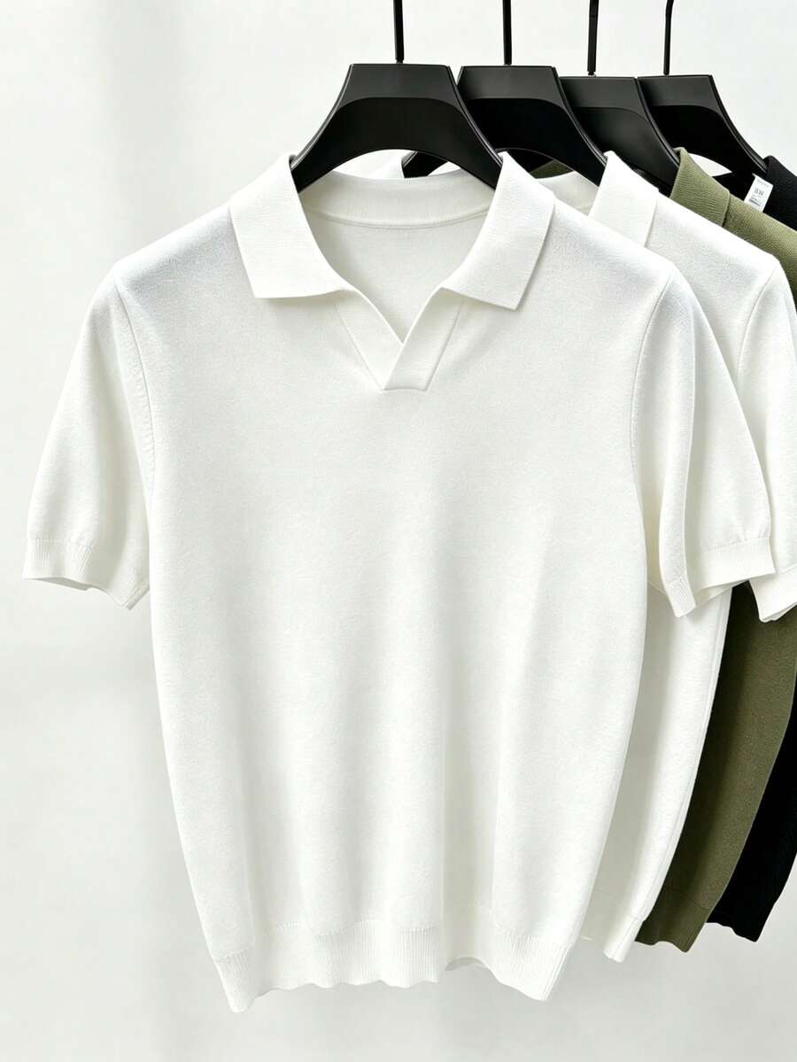 Men's Solid Color Polo Collar Casual Commute Knit Top - White - View 1