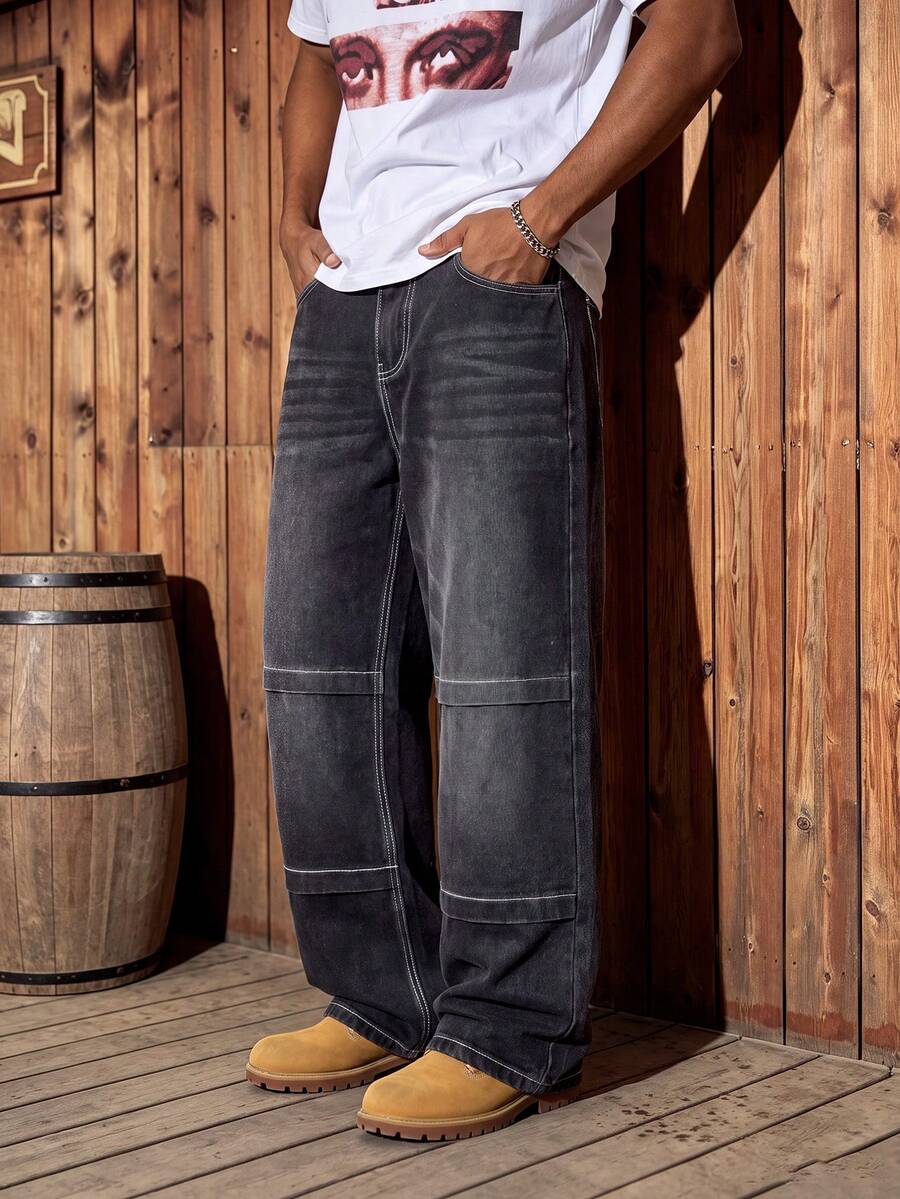Men's Vintage Faded Wash Gradient Cat Whisker Wide Leg Jeans, Black-Grey Gradient Distressed Washed Contrast Stitching Loose Fit Denim Pants - Black - View 1