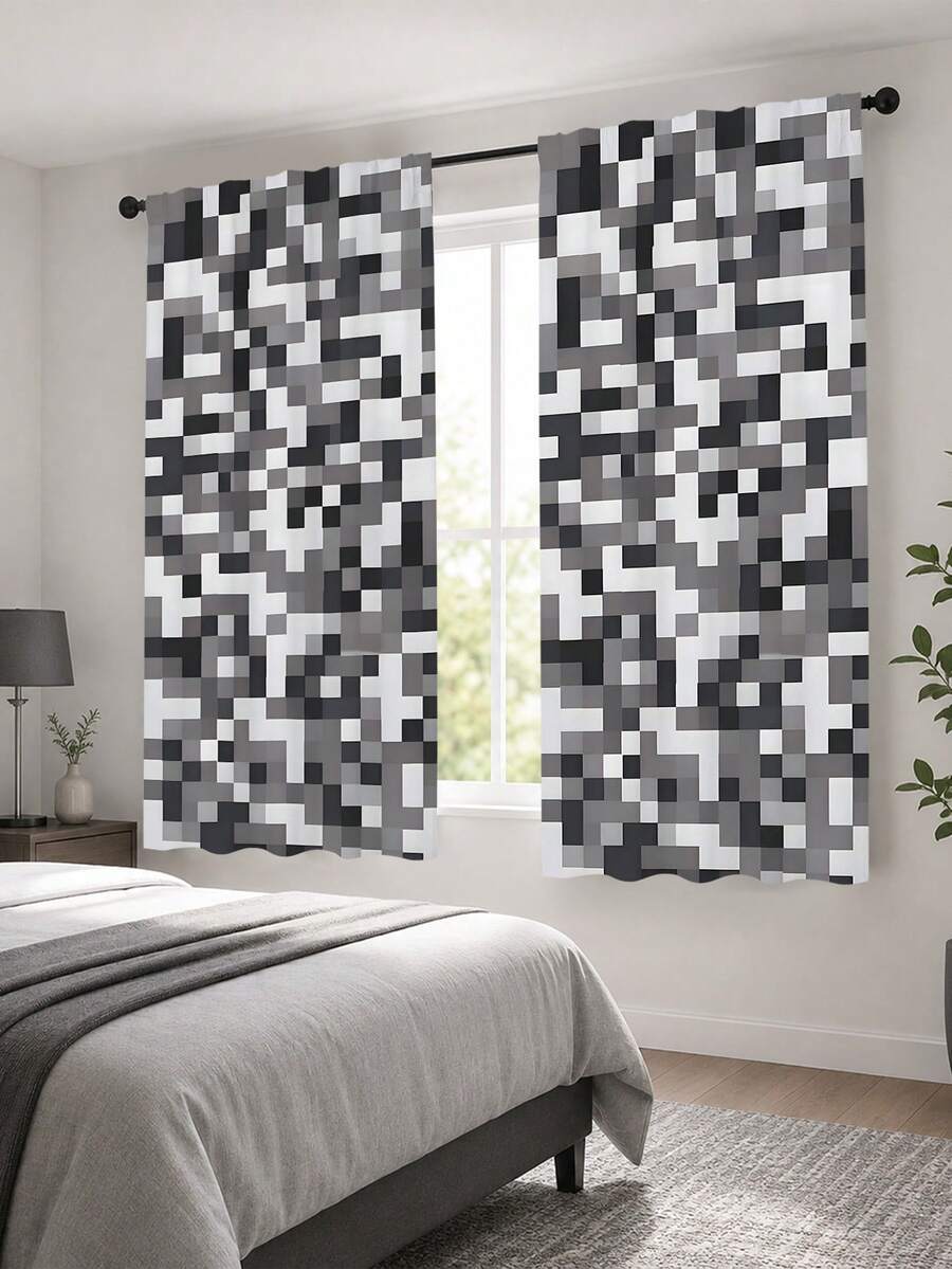2pcs Pixel Block Print Curtains, Game Mosaic Pixel Pattern Semi-Sheer Curtains, Creative Personalized Boys Children's Bedroom Decor Window Curtains, Multiple Styles Available - Multi-color a - View 1