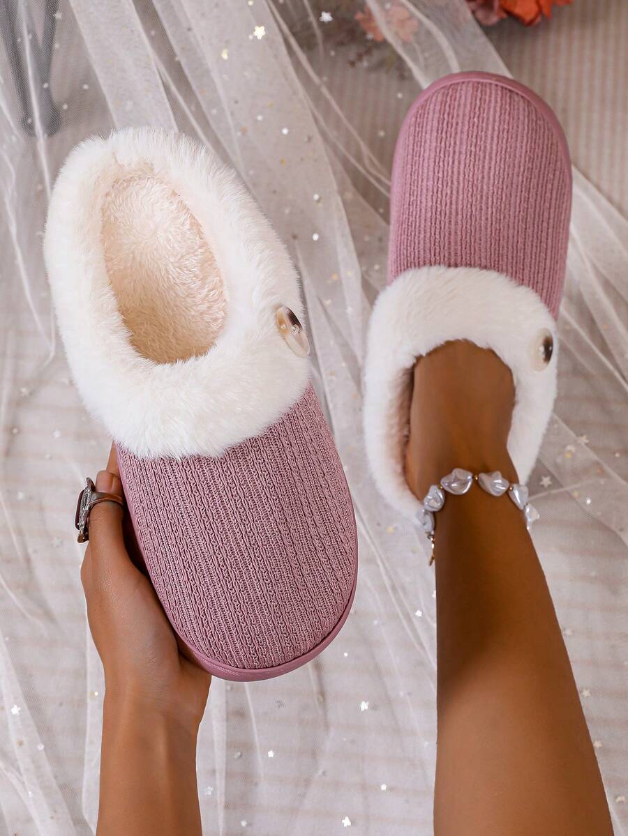 Women's Thermal Lined Comfortable Anti-Slip Wear-Resistant Closed-Toe Faux Fur Slippers Faux Suede - Pink - View 1