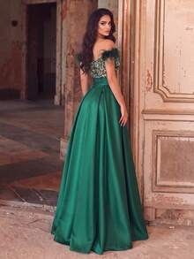 Elegant Green Off-Shoulder Sequin Beaded Long Ball Gown, Asymmetrical Flared Hem, Perfect Party Formal Evening Dress - Dark Green - View 3