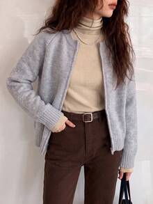 Jaket Kardigan Sweater Leher Bulat Gaya Minimalis Kasual Wanita dengan Resleting Ganda, Musim Gugur/Musim Dingin - abu-biru - View 3