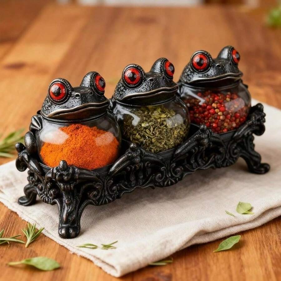 Set Of 3 Gothic Witch Frog Spice Jars With Carved Bases, Vintage Handmade Apothecary Jars With Frog Lids, Dark-Style Kitchen Food Storage Jars, Spice And Herb Salt Containers, Unique Home Decor