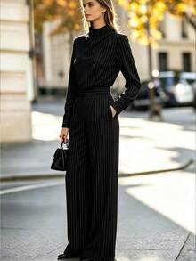 1pc Women's Fashion Elegant Casual Vertical Striped 2-Piece Set For Office And Daily Wear, Spring/Autumn - Black - View 3