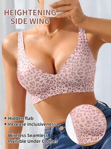Sujetador sin aros para mujer, sin costuras, con estampado de leopardo rosa, copa completa, suave, con soporte de molde fino, transpirable y con efecto realzador de busto en V profundo. - Multicolor - Ver 4