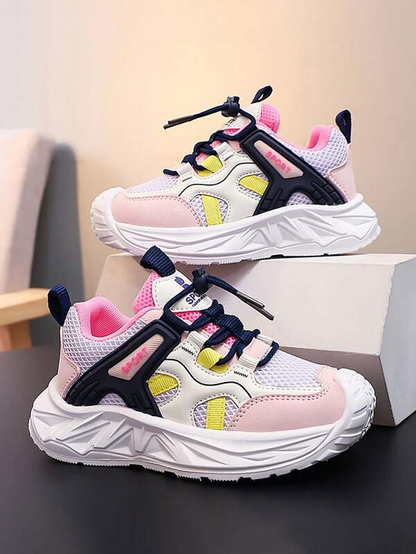1 Pair Pink & White Contrast Mesh Chunky Sneakers For Girls, Casual Running Shoes, Kids Sports Shoes, Outdoor Sports Campus Versatile Shoes