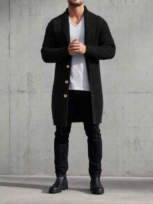 Men Cable Knit Long Cardigan Shawl Collar Button Down Thick Long Sleeve Sweater Coat - Khaki - View 2
