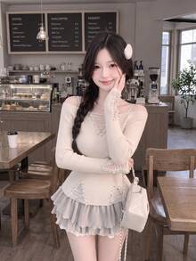 女款珍珠裝飾做舊針織套頭毛衣 - 白色 - 查看 2